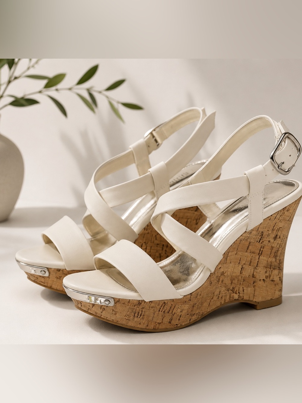 Jennifer Lopez Cream Cork Wedge Sandals